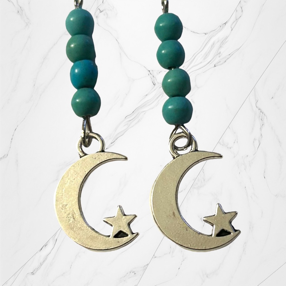 Hand Crafted Earrings Moon Star Magnesite Stone Beads Dangle Pierced